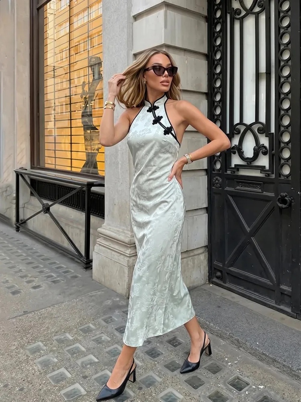 Zara Satin Halter Midi Dress in Light Sage with Contrast Trim